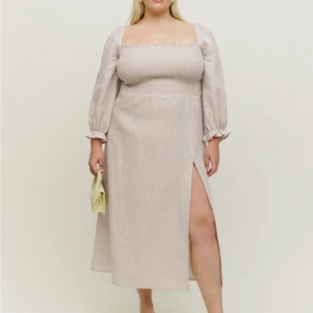 REFORMATION Gitane Linen Square Neck Smocked Dress in Oatmeal,, Size 1X